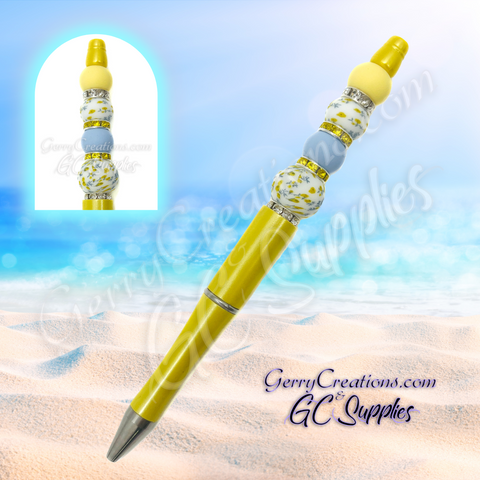 Beaded Pen - Yellow with blue flowers