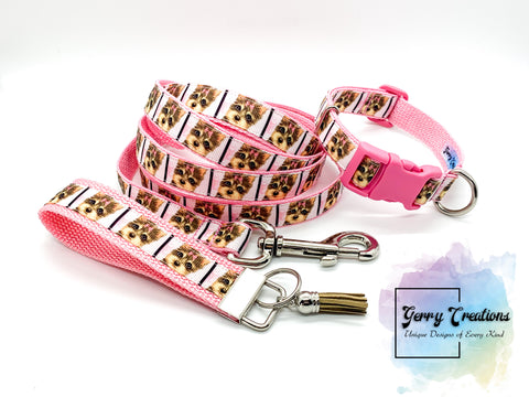 Yorkie Girl Collar & 5ft slim Leash Set with matching keyfob!