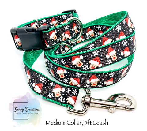 Scattered Reindeer on Black, Collar & 5ft Leash Set